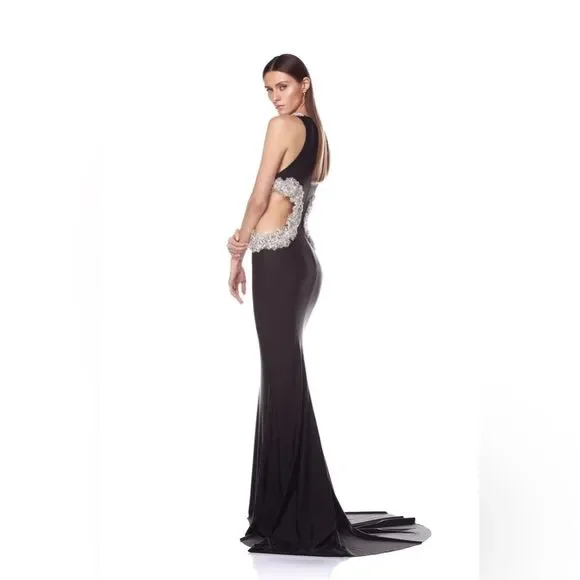 NWOT BRONX AND BANCO Camila Black Rhinestone Cutout Gown - Picture 3 of 16